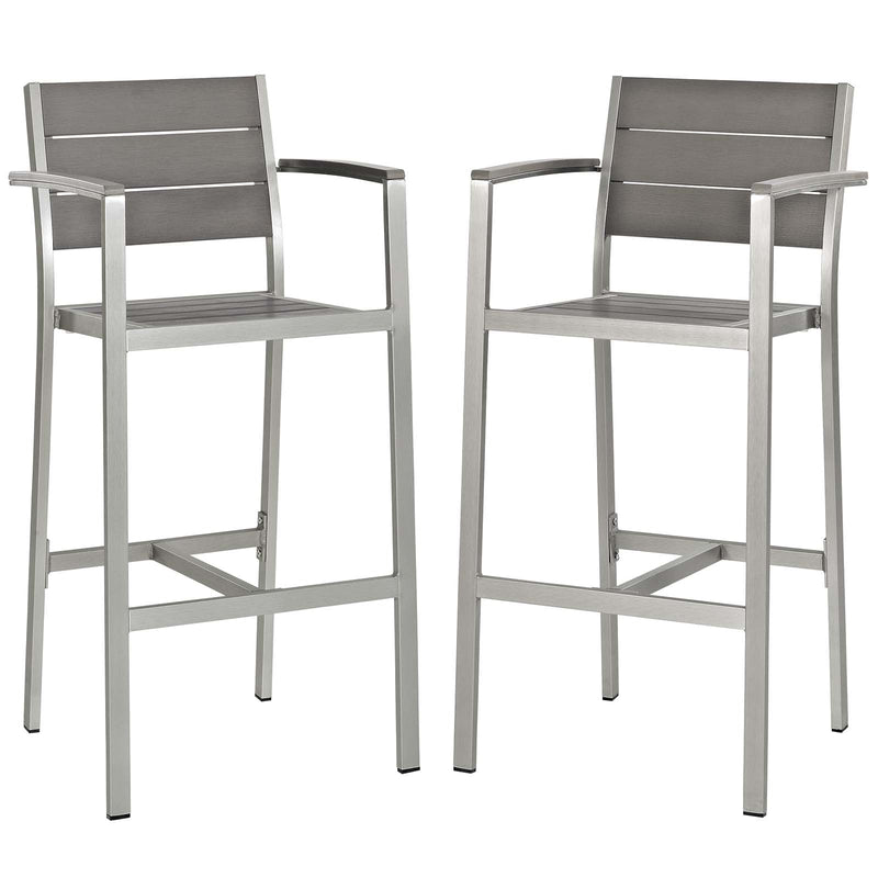 Shore Bar Stool Outdoor Patio Aluminum Set of 2 Silver Gray Arm Chairs by Modway