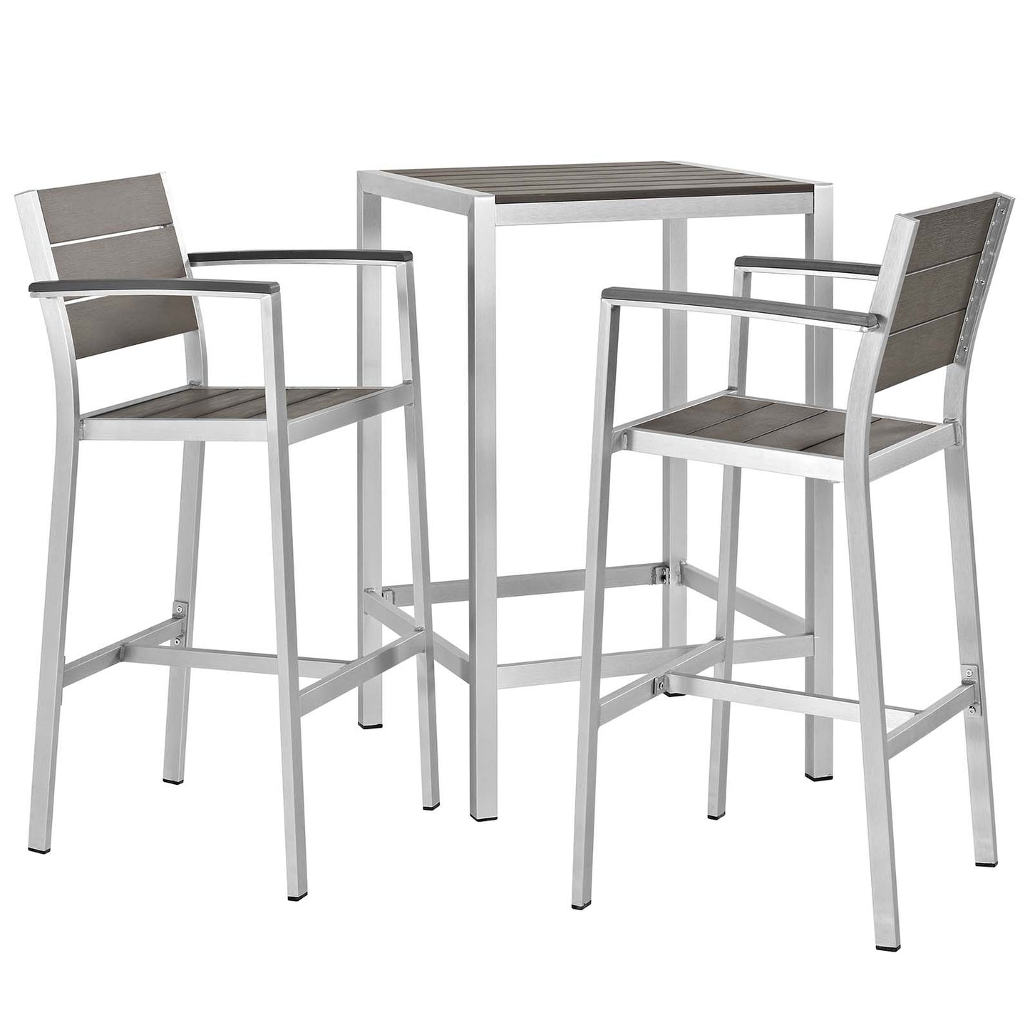 Shore 3 Piece Outdoor Patio Aluminum Outdoor Pub Set Silver Gray Arm Chairs by Modway