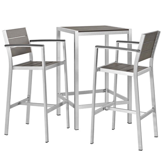 Shore 3 Piece Outdoor Patio Aluminum Outdoor Pub Set Silver Gray Arm Chairs by Modway