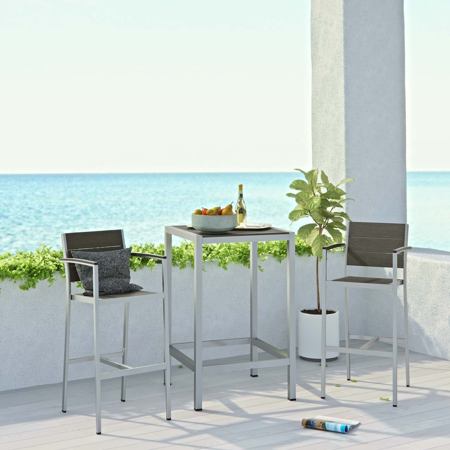 Shore 3 Piece Outdoor Patio Aluminum Outdoor Pub Set Silver Gray Arm Chairs by Modway