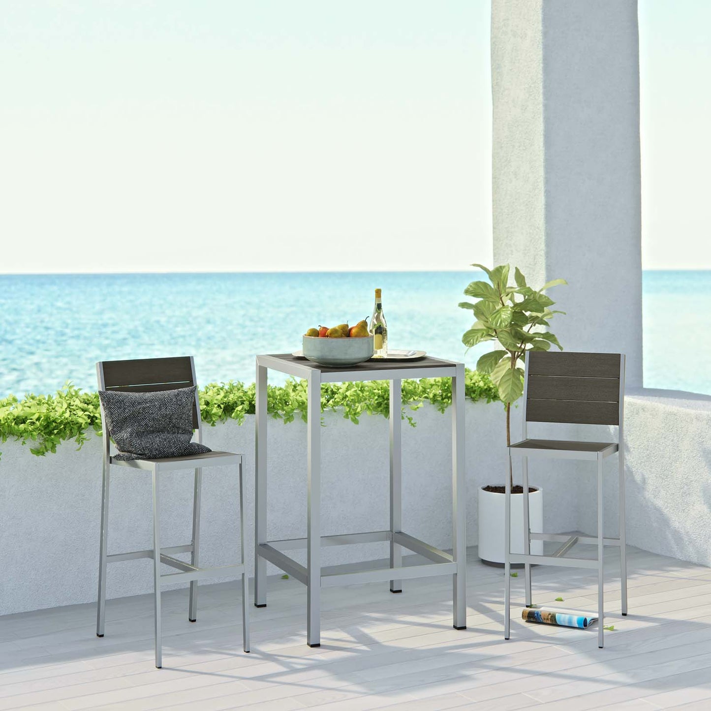Shore 3 Piece Outdoor Patio Aluminum Outdoor Pub Set Silver Gray by Modway