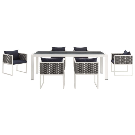 Stance 7 Piece Outdoor Patio Aluminum Dining Set White Navy | Polyester by Modway