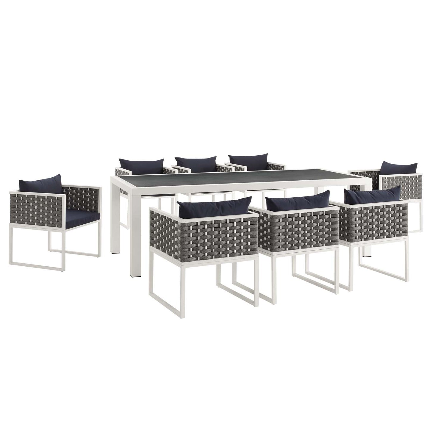 Stance 9 Piece Outdoor Patio Aluminum Dining Set White Navy | Polyester by Modway