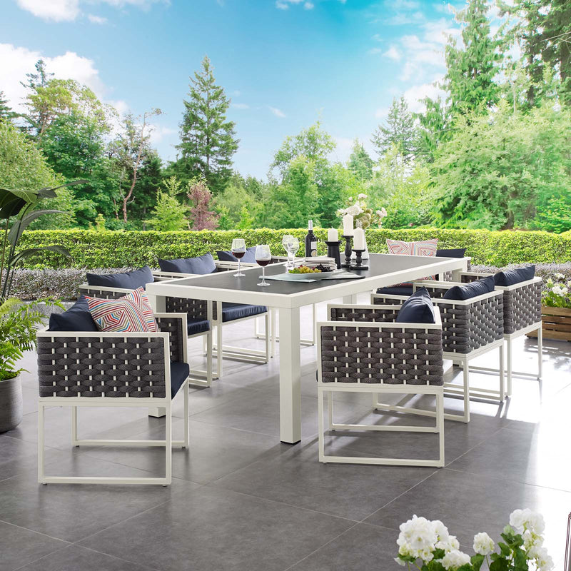 Stance 9 Piece Outdoor Patio Aluminum Dining Set White Navy | Polyester by Modway