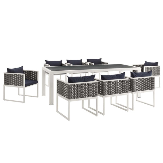 Stance 9 Piece Outdoor Patio Aluminum Dining Set White Navy | Polyester by Modway