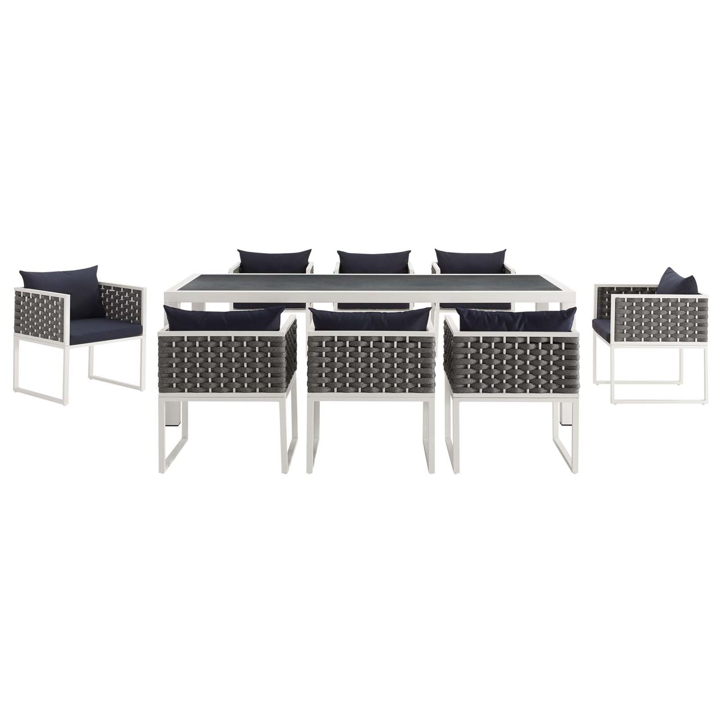 Stance 9 Piece Outdoor Patio Aluminum Dining Set White Navy | Polyester by Modway