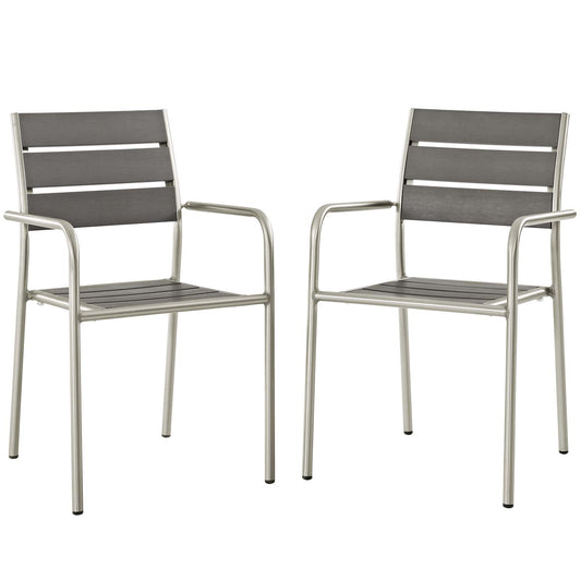 Shore Dining Chair Outdoor Patio Aluminum Set of 2 Silver Gray Arm Chairs by Modway