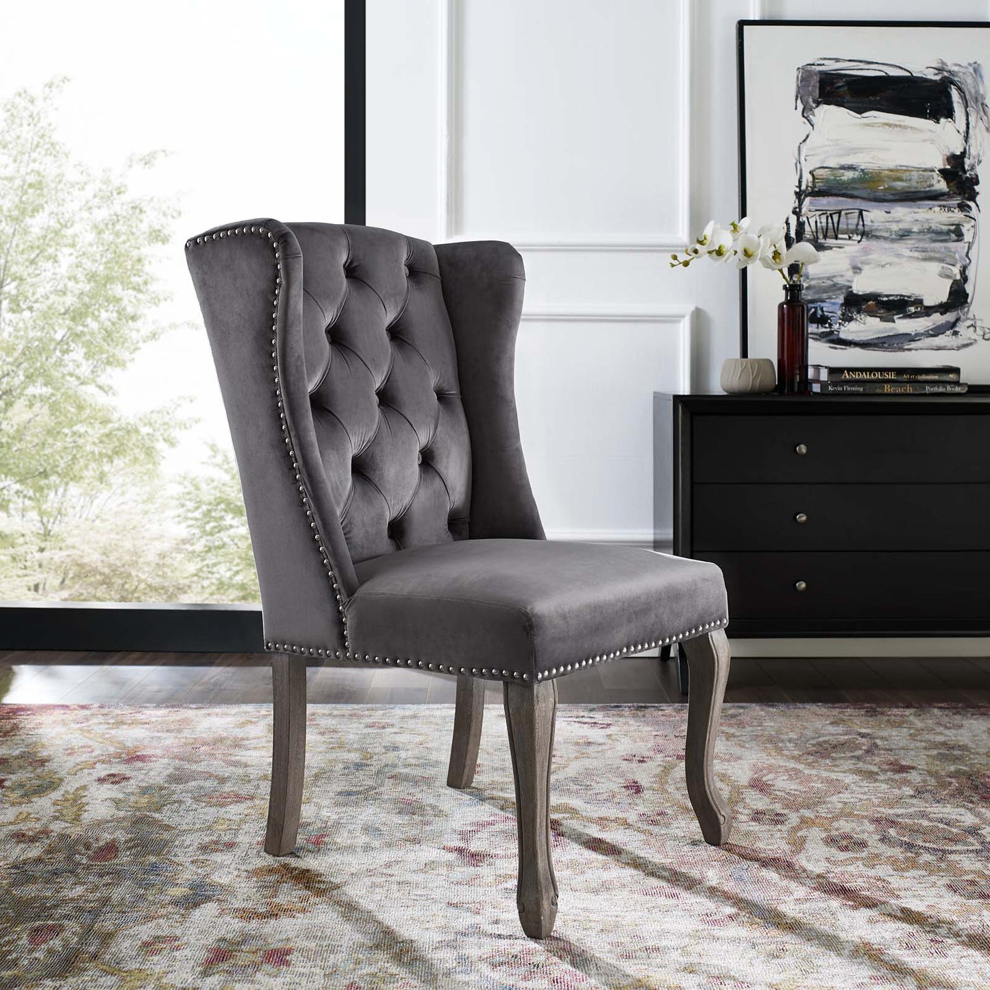Apprise French Vintage Dining Performance Velvet Side Chair Gray by Modway