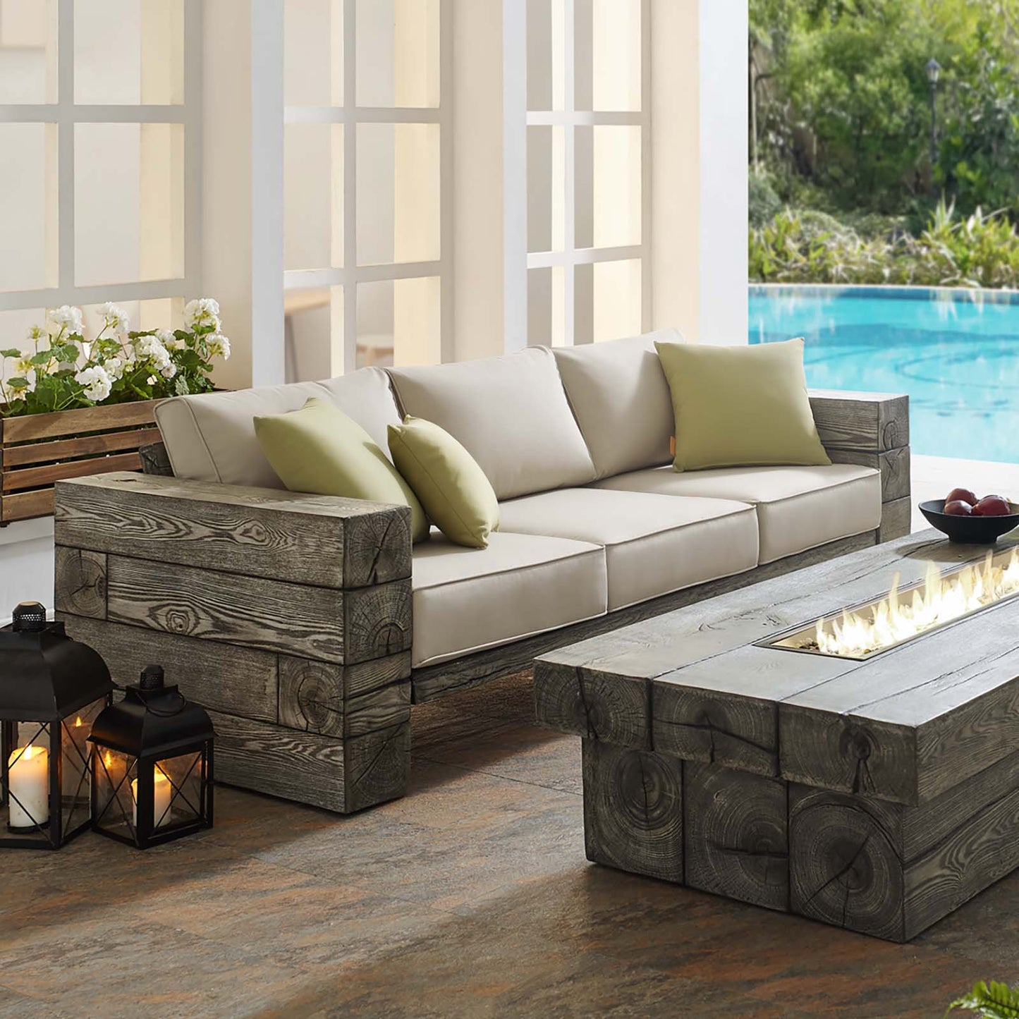 Manteo Rustic Coastal Outdoor Patio Sunbrella Sofa Light Gray Beige by Modway