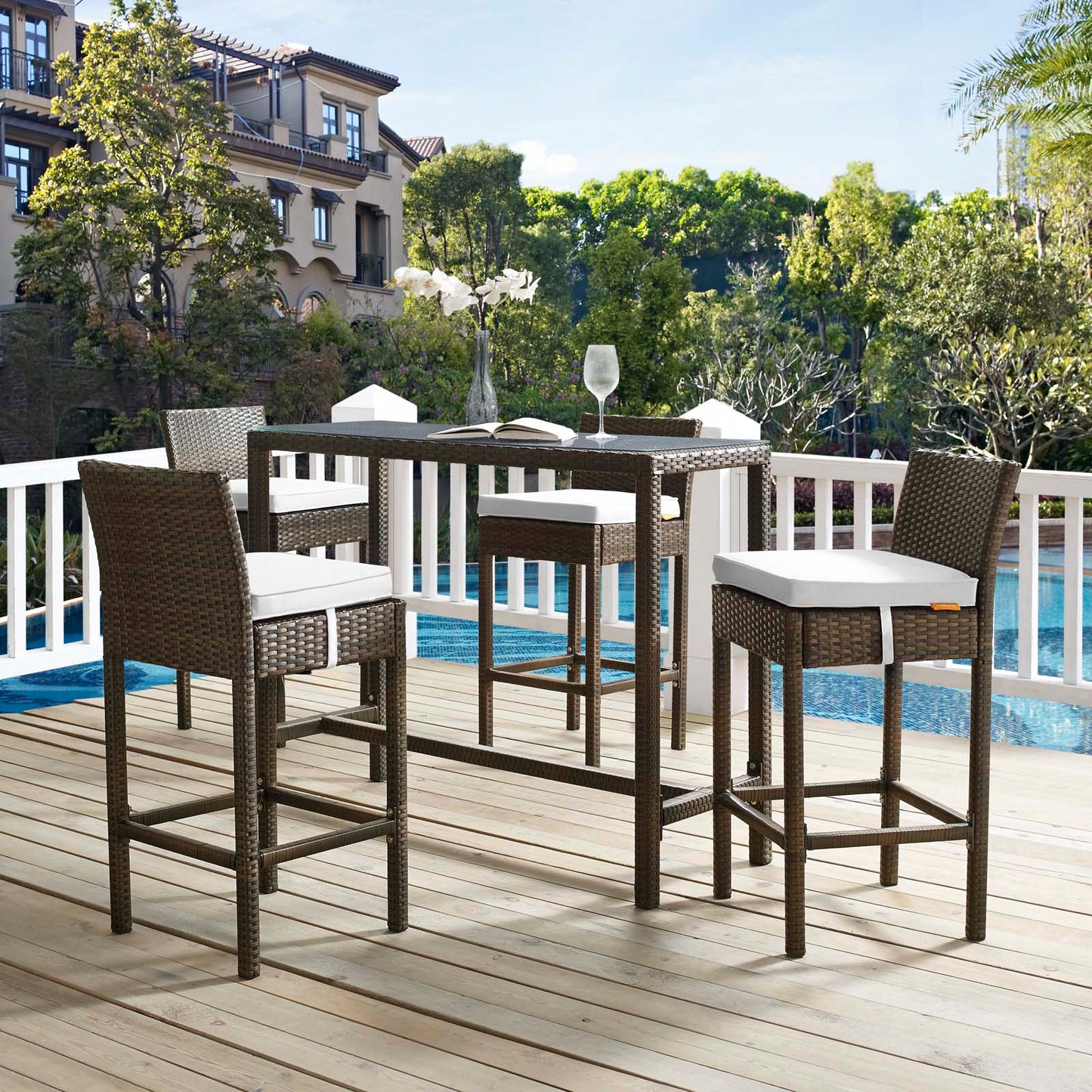 Conduit Bar Stool Outdoor Patio Wicker Rattan Set of 4 Brown by Modway