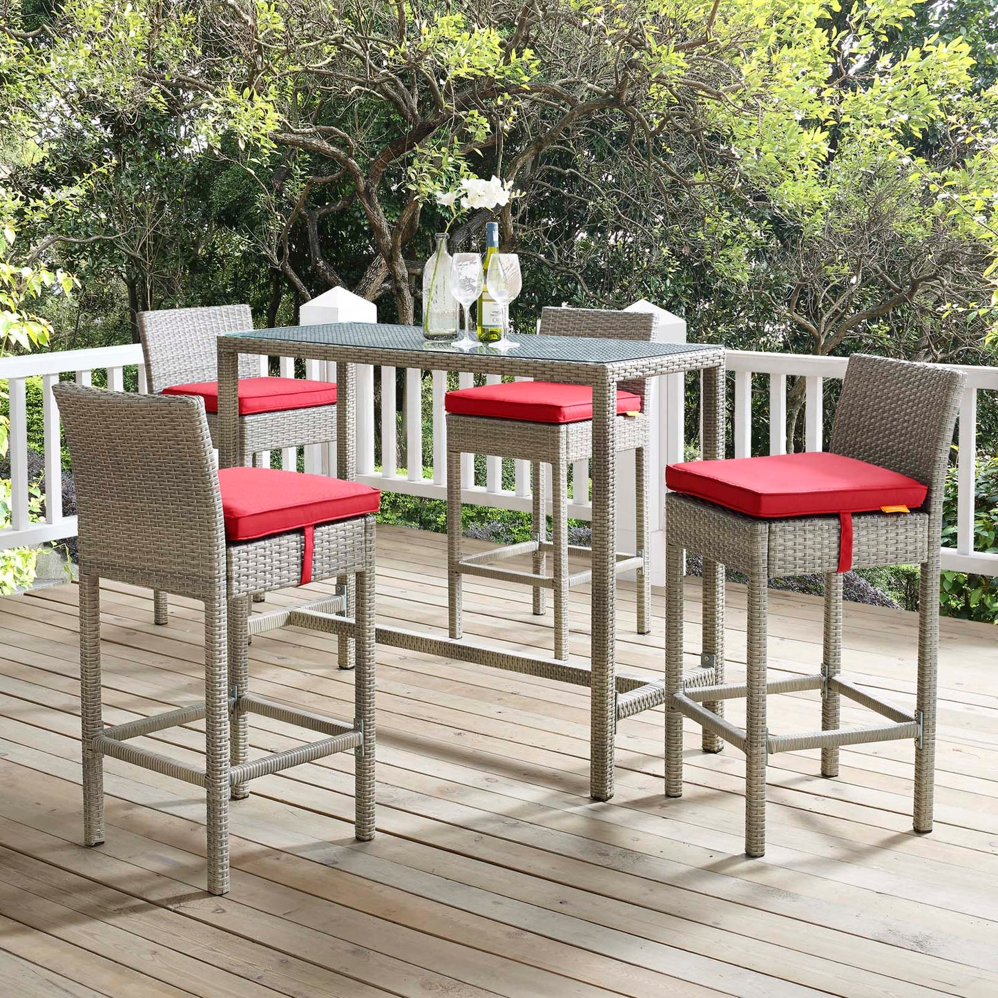 Conduit Bar Stool Outdoor Patio Wicker Rattan Set of 4 Light Gray by Modway