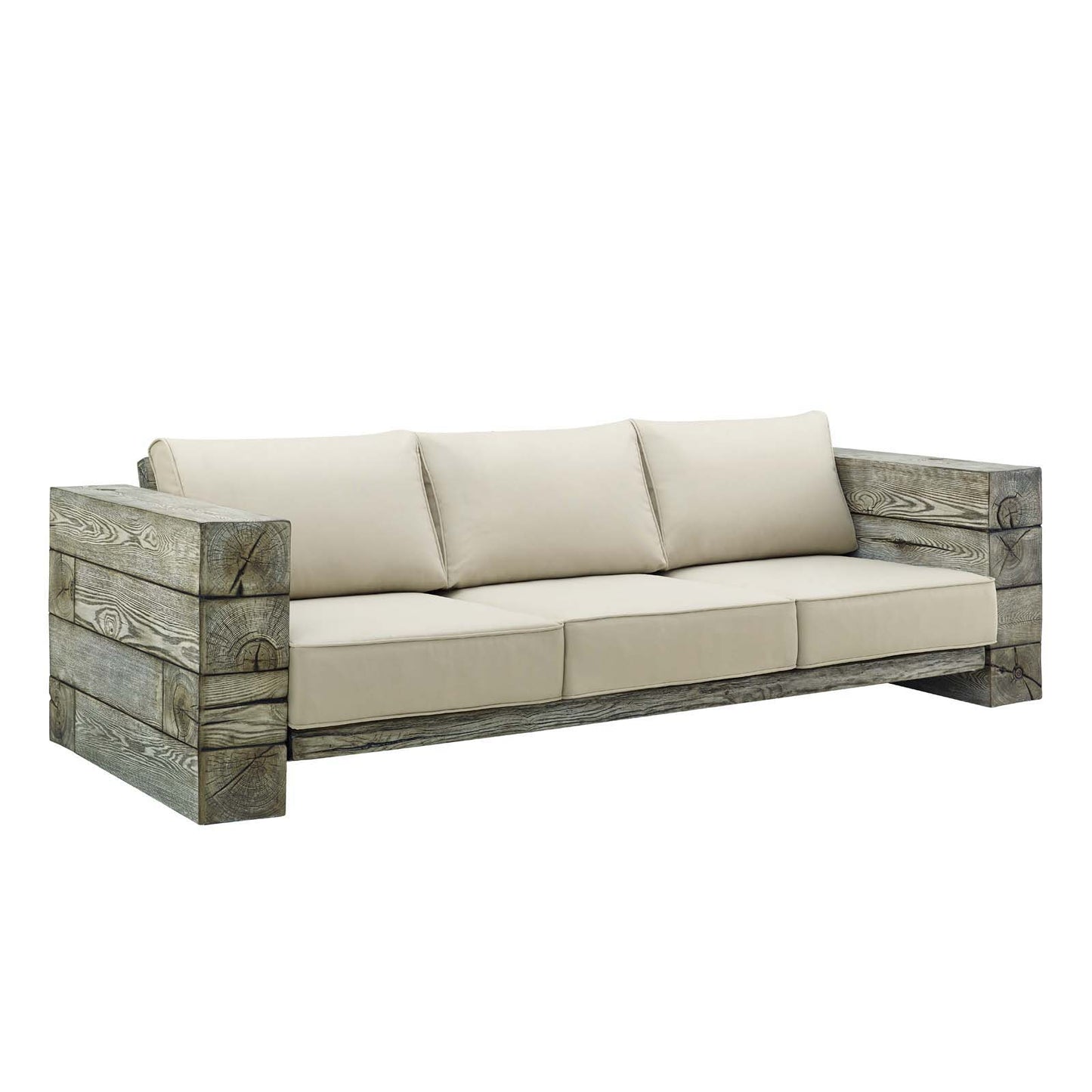 Manteo Rustic Coastal Outdoor Patio Sunbrella Sofa and Fire Pit Set Light Gray Beige by Modway