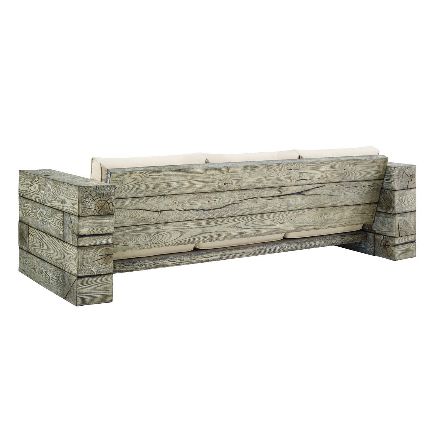 Manteo Rustic Coastal Outdoor Patio Sunbrella Sofa and Fire Pit Set Light Gray Beige by Modway