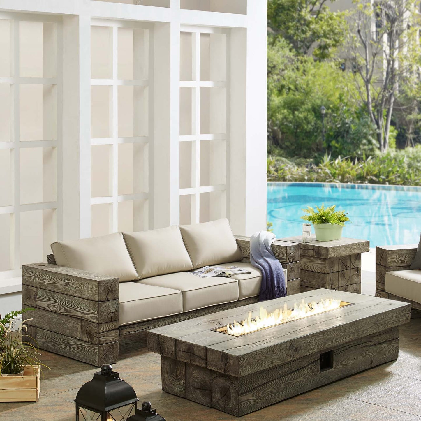 Manteo Rustic Coastal Outdoor Patio Sunbrella Sofa and Fire Pit Set Light Gray Beige by Modway