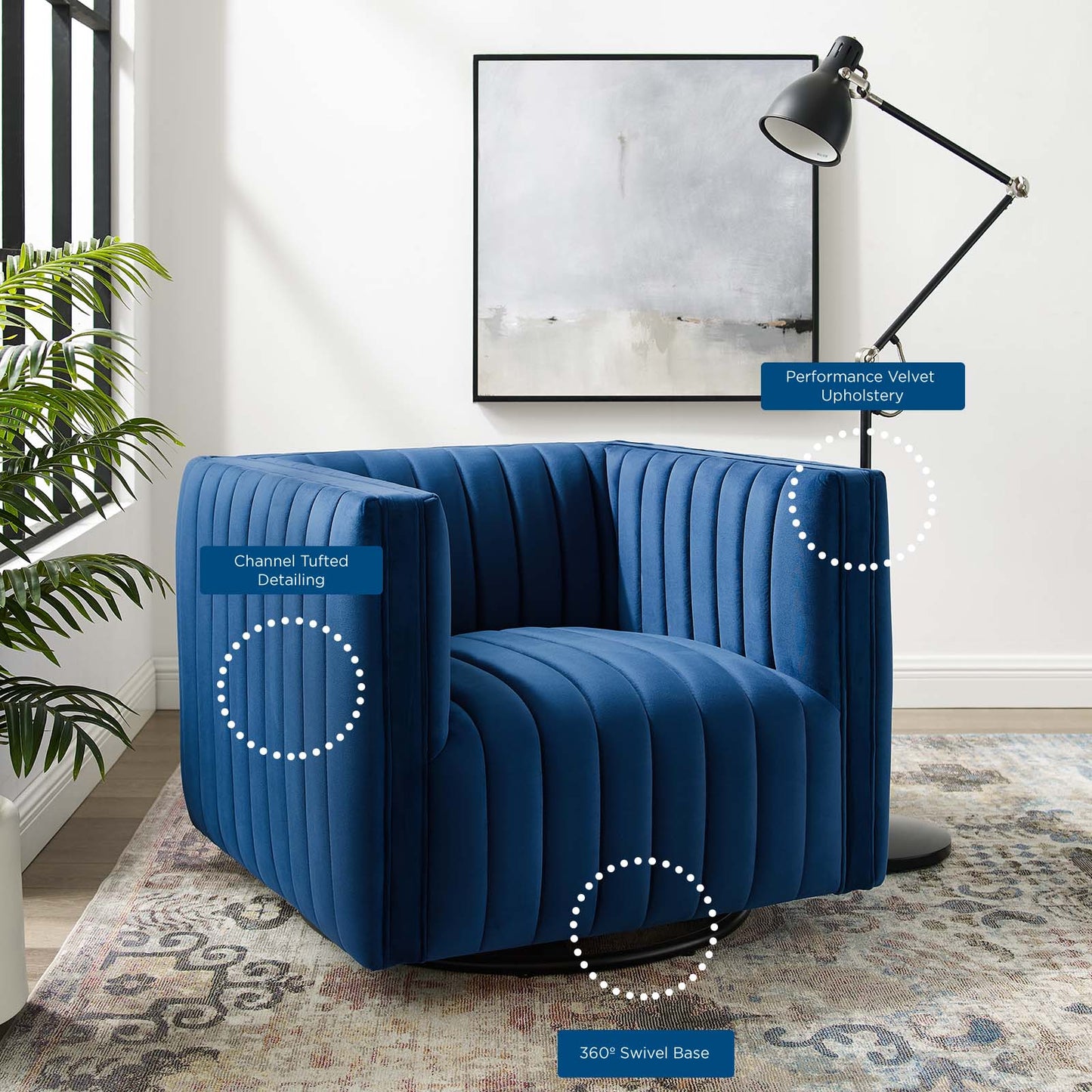 Conjure Channel Tufted Performance Velvet Swivel Armchair | Polyester by Modway