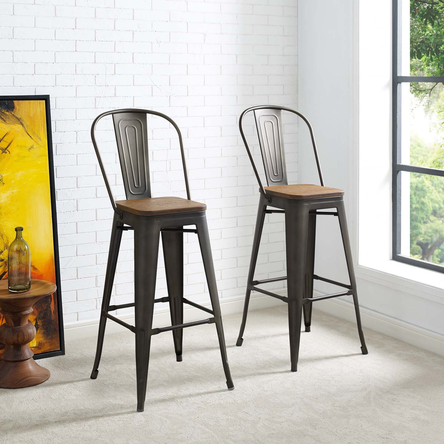 Promenade Bar Stool Metal Set of 2 Brown by Modway