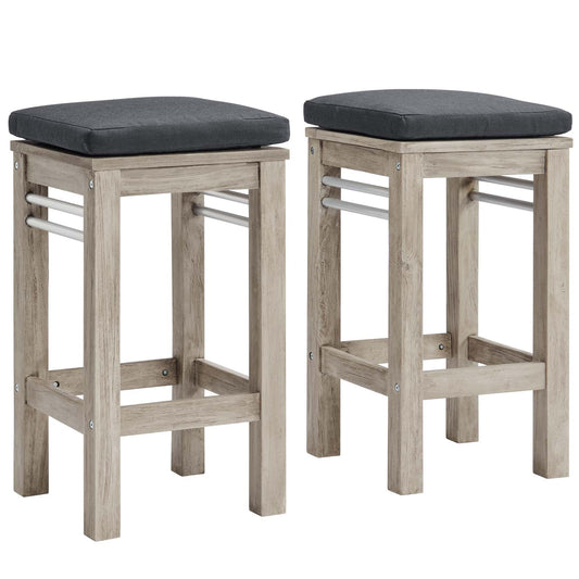Wiscasset Outdoor Patio Acacia Wood Bar Stool Set of 2 in Light Gray by Modway
