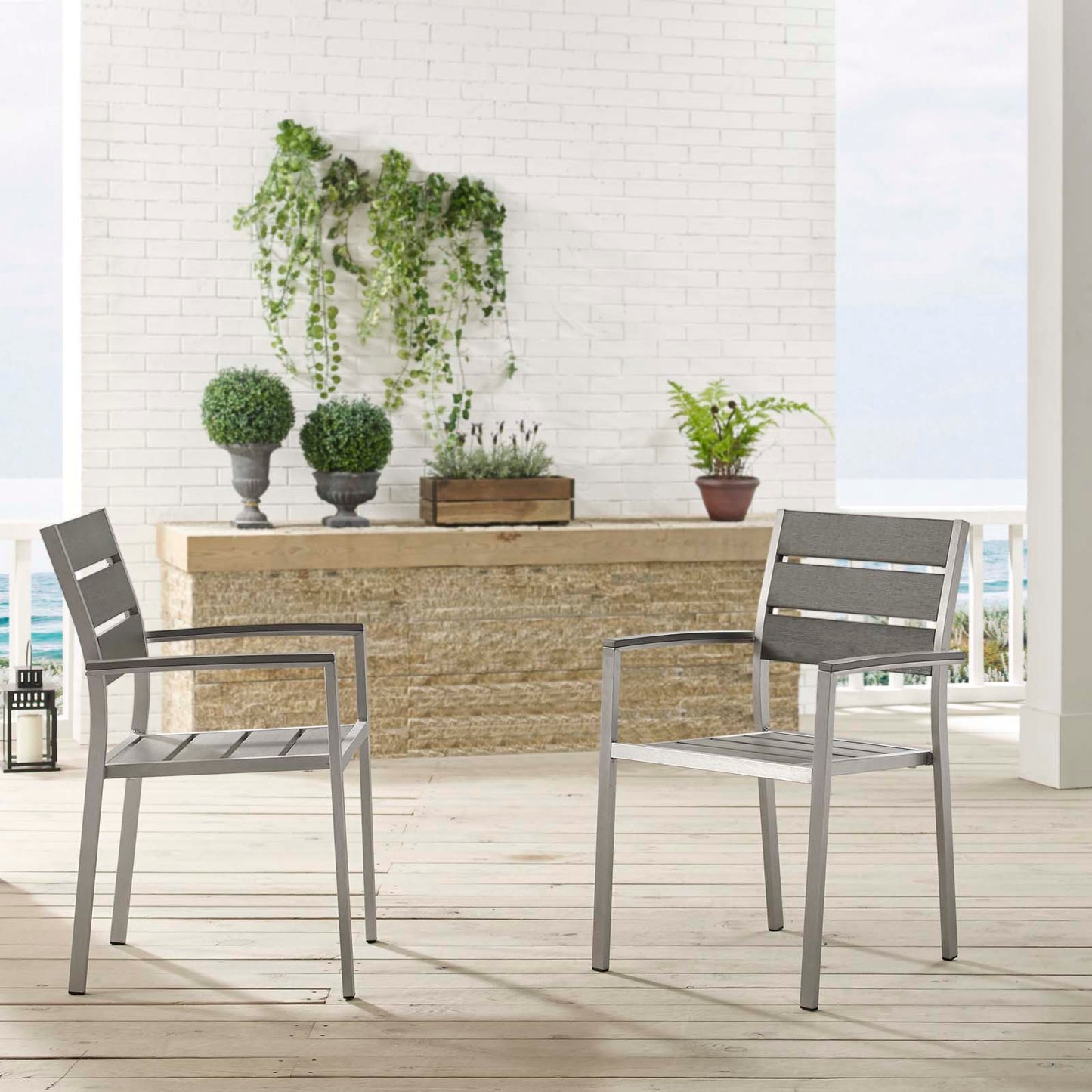 Shore Outdoor Patio Aluminum Dining Armchair Set of 2 Silver Gray by Modway