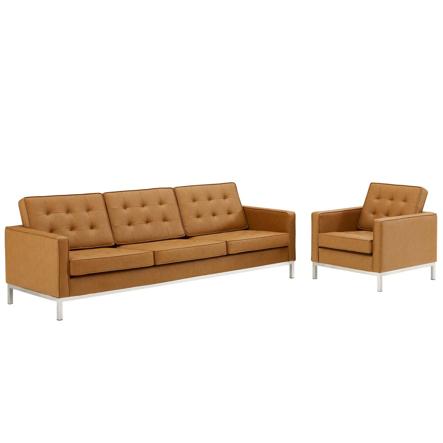 Loft Tufted Upholstered Faux Leather Sofa and Armchair Set Silver Tan by Modway