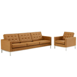 Loft Tufted Upholstered Faux Leather Sofa and Armchair Set Silver Tan by Modway