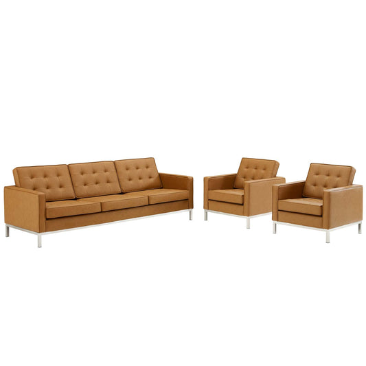 Loft 3 Piece Tufted Upholstered Faux Leather Set Silver Tan by Modway