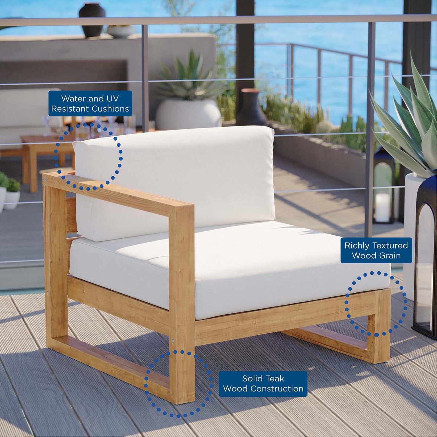 Upland Outdoor Patio Teak Wood Left-Arm Chair Natural White by Modway