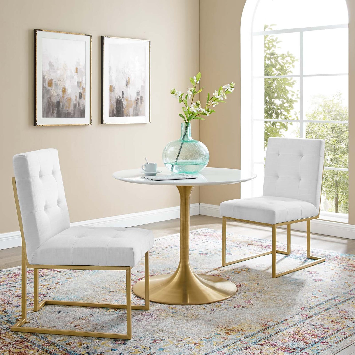 Privy Gold Stainless Steel Upholstered Fabric Dining Accent Chair Set of 2 | Polyester by Modway
