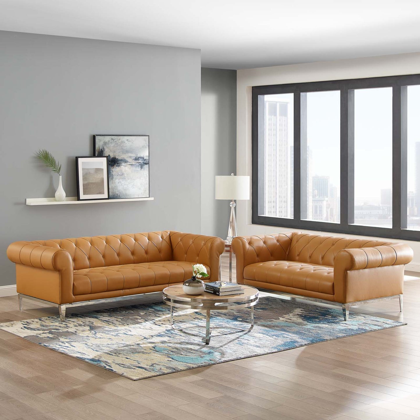 Idyll Tufted Upholstered Leather Sofa and Loveseat Set Tan by Modway