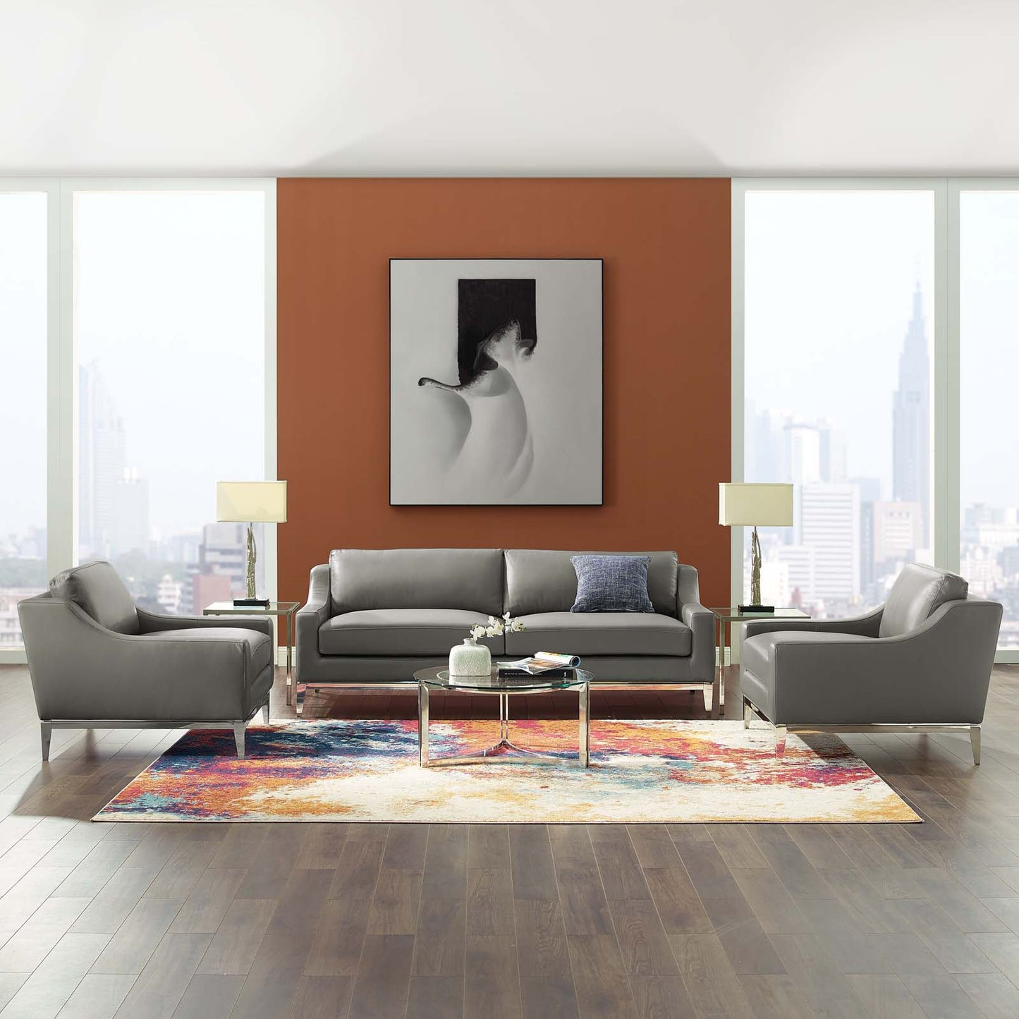 Harness 3 Piece Stainless Steel Base Leather Set Gray by Modway