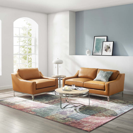 Harness Stainless Steel Base Leather Loveseat & Armchair Set Tan by Modway