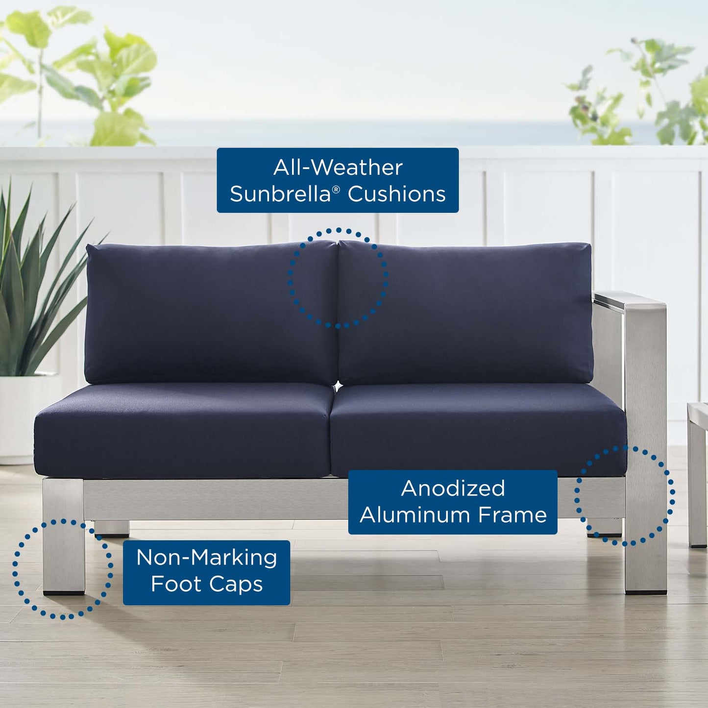 Shore Sunbrella Fabric Aluminum Outdoor Patio RightArm Loveseat Silver Navy by Modway