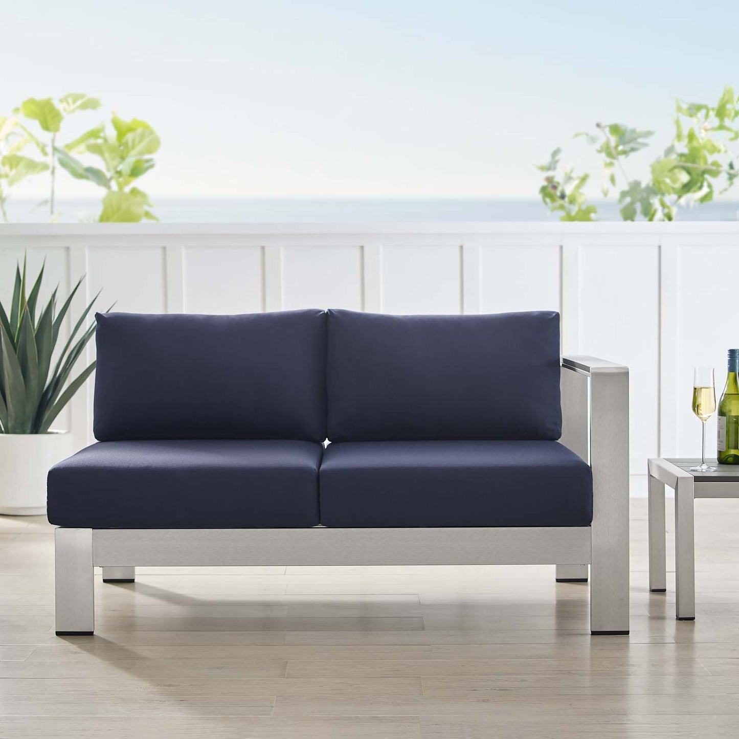 Shore Sunbrella Fabric Aluminum Outdoor Patio RightArm Loveseat Silver Navy by Modway