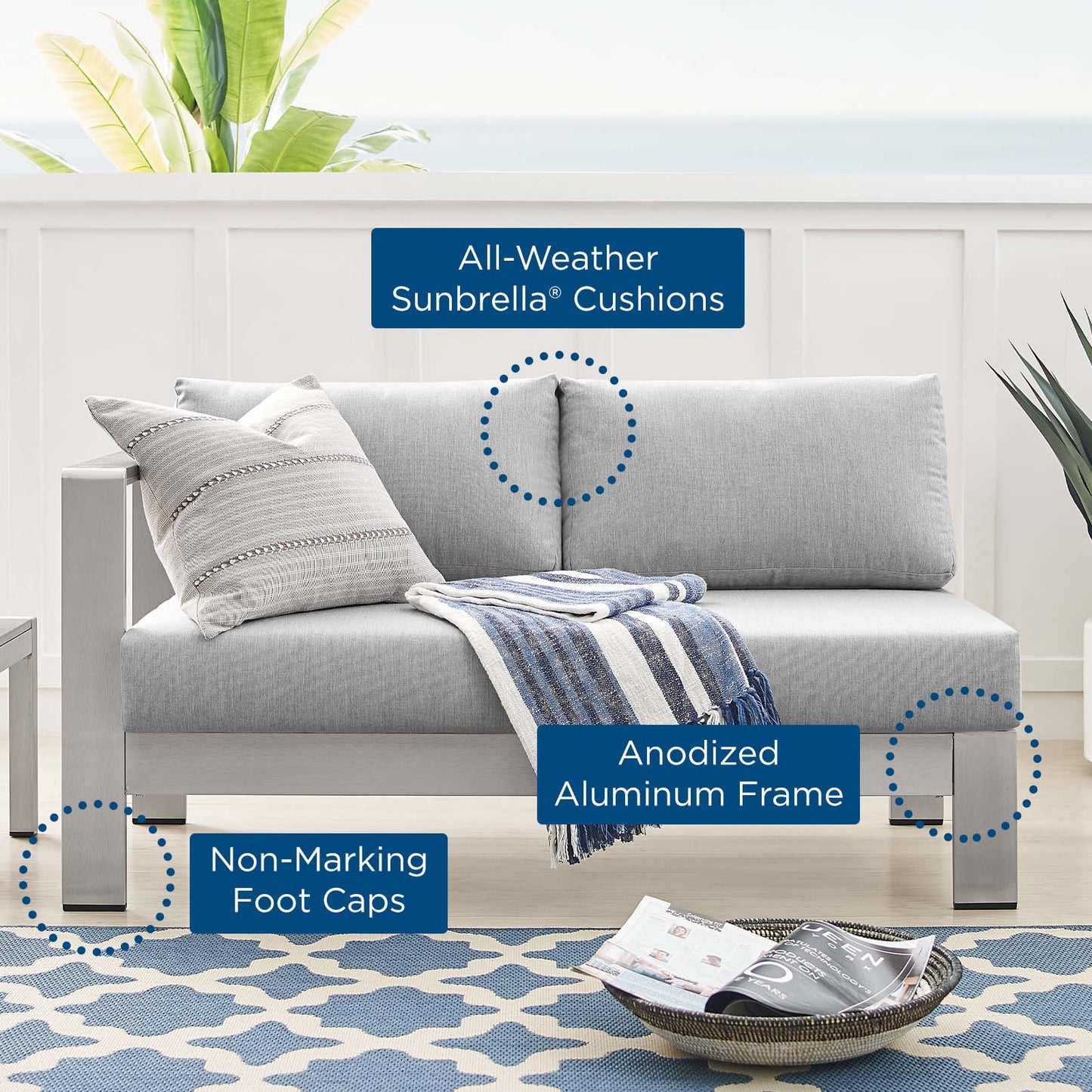 Shore Sunbrella Fabric Aluminum Outdoor Patio Left-Arm Loveseat by Modway