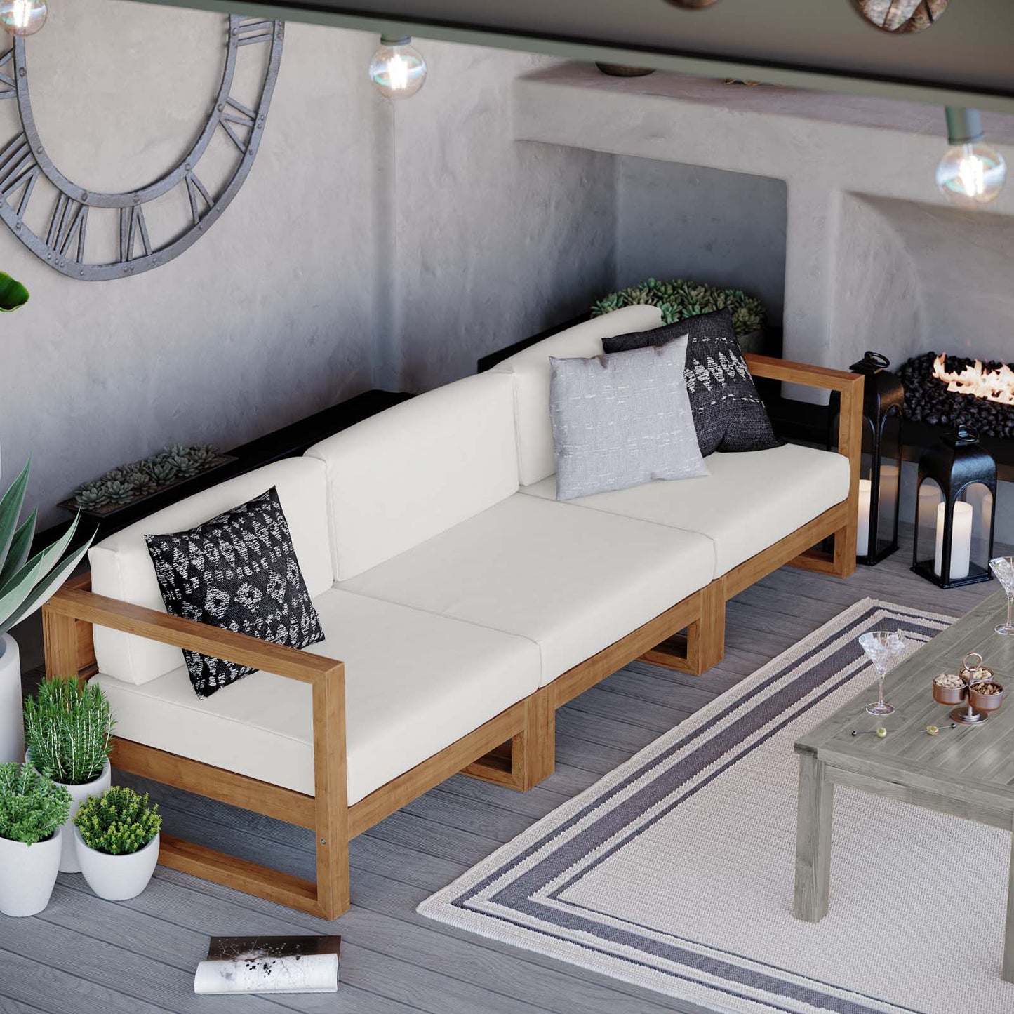 Upland Outdoor Patio Teak Wood 3-Piece Sectional Sofa Set Natural White by Modway