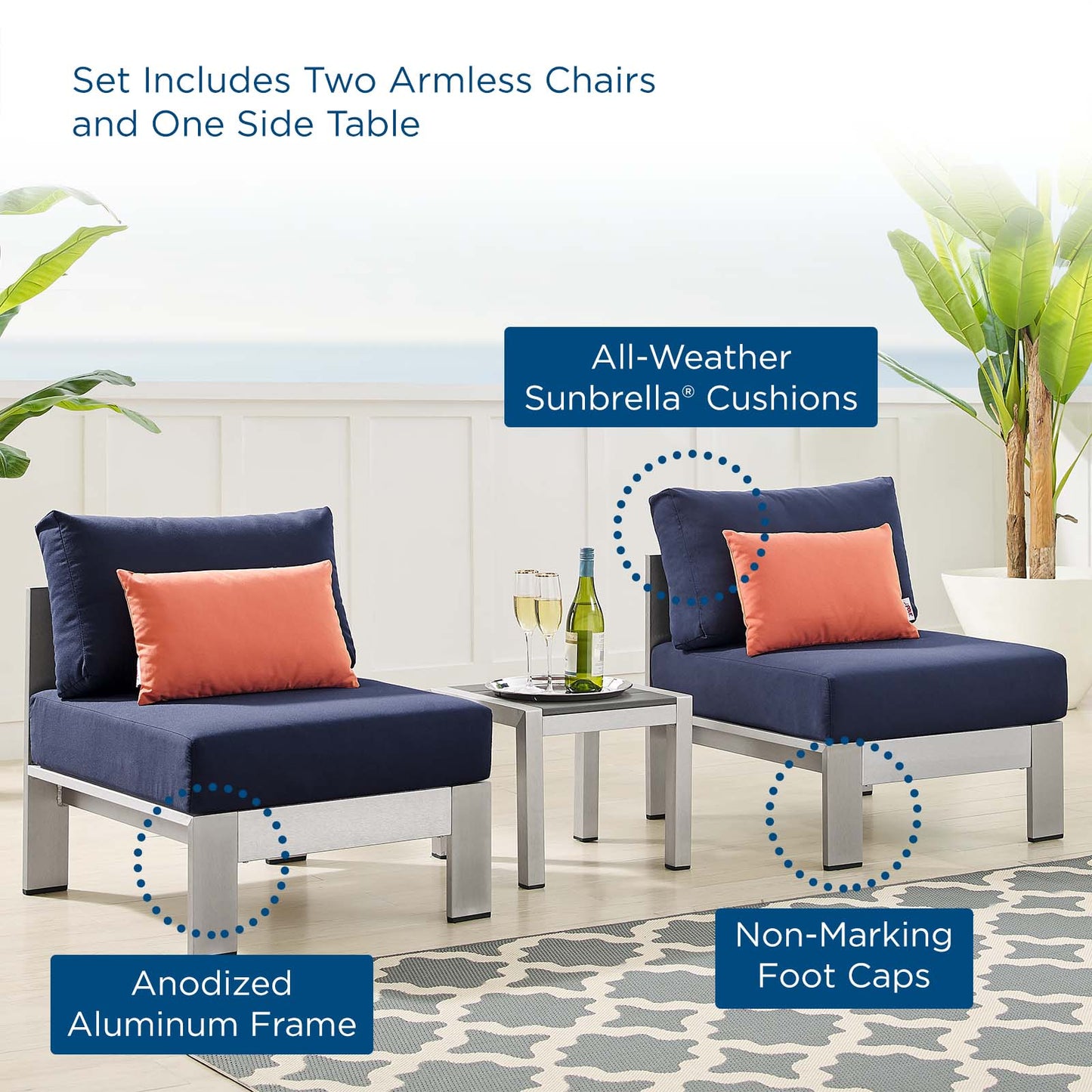 Sunbrella Fabric Aluminum Outdoor Patio Aluminum 3 Piece Outdoor Patio Set by Modway