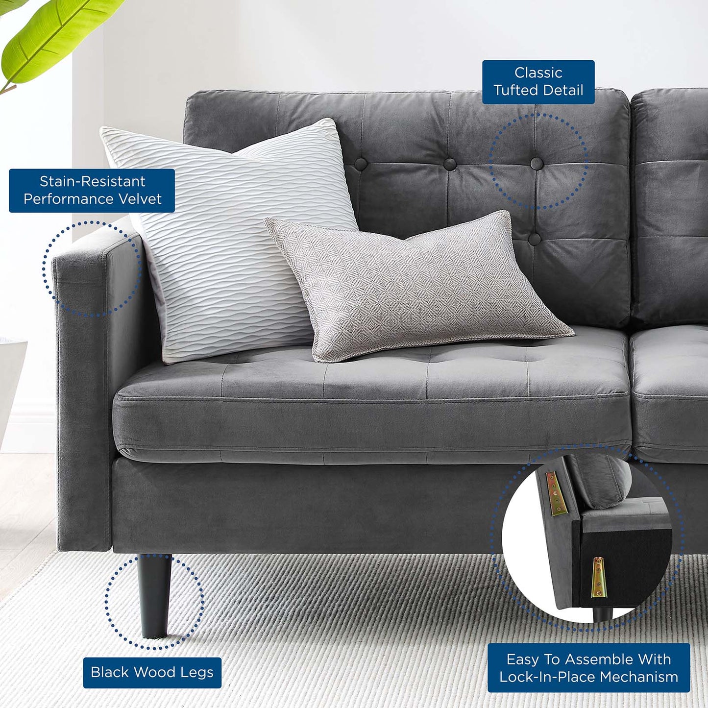 Exalt Tufted Performance Velvet Sofa in Gray by Modway