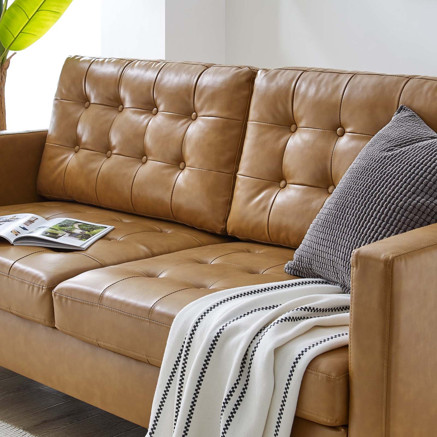 Exalt Tufted Vegan Leather Sofa in Tan by Modway