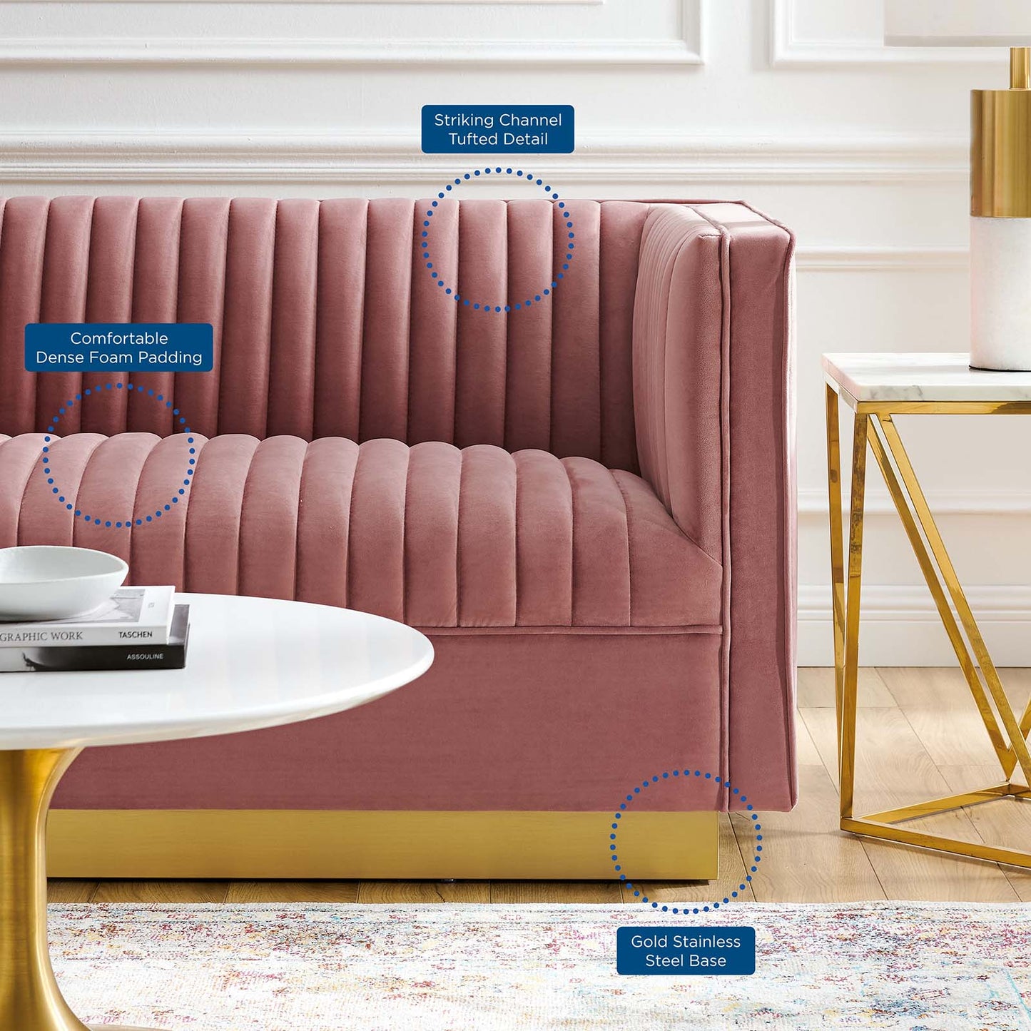Sanguine Vertical Channel Tufted Performance Velvet Loveseat Dusty Rose by Modway