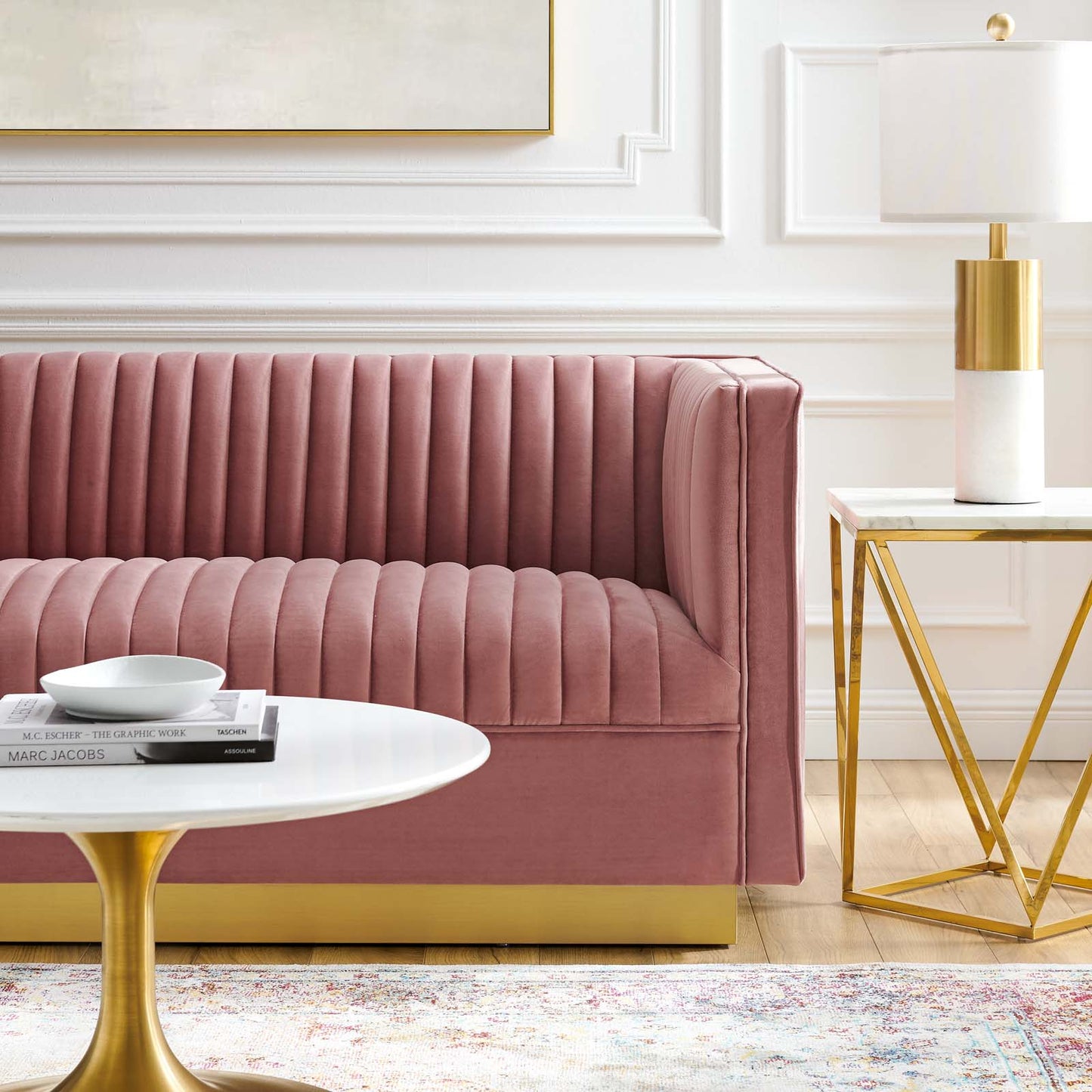 Sanguine Vertical Channel Tufted Performance Velvet Loveseat Dusty Rose by Modway