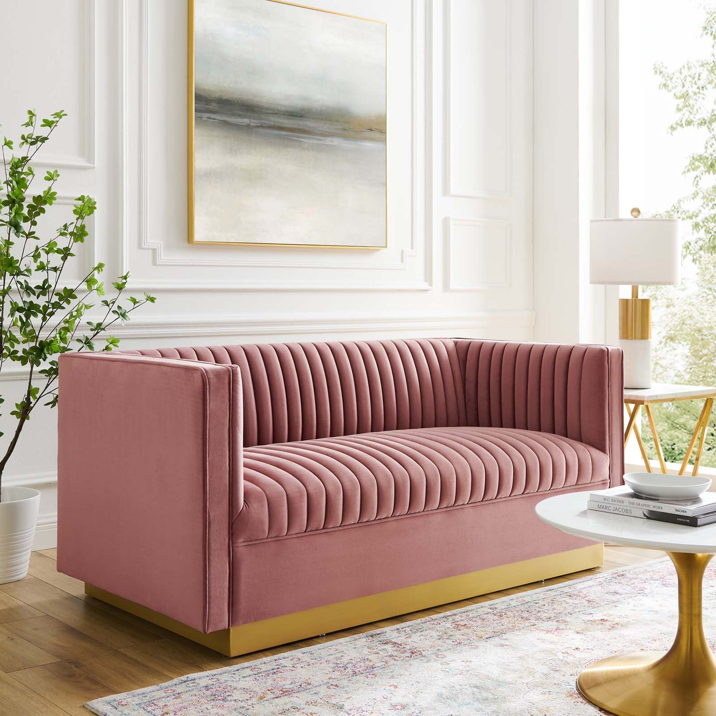 Sanguine Vertical Channel Tufted Performance Velvet Loveseat Dusty Rose by Modway