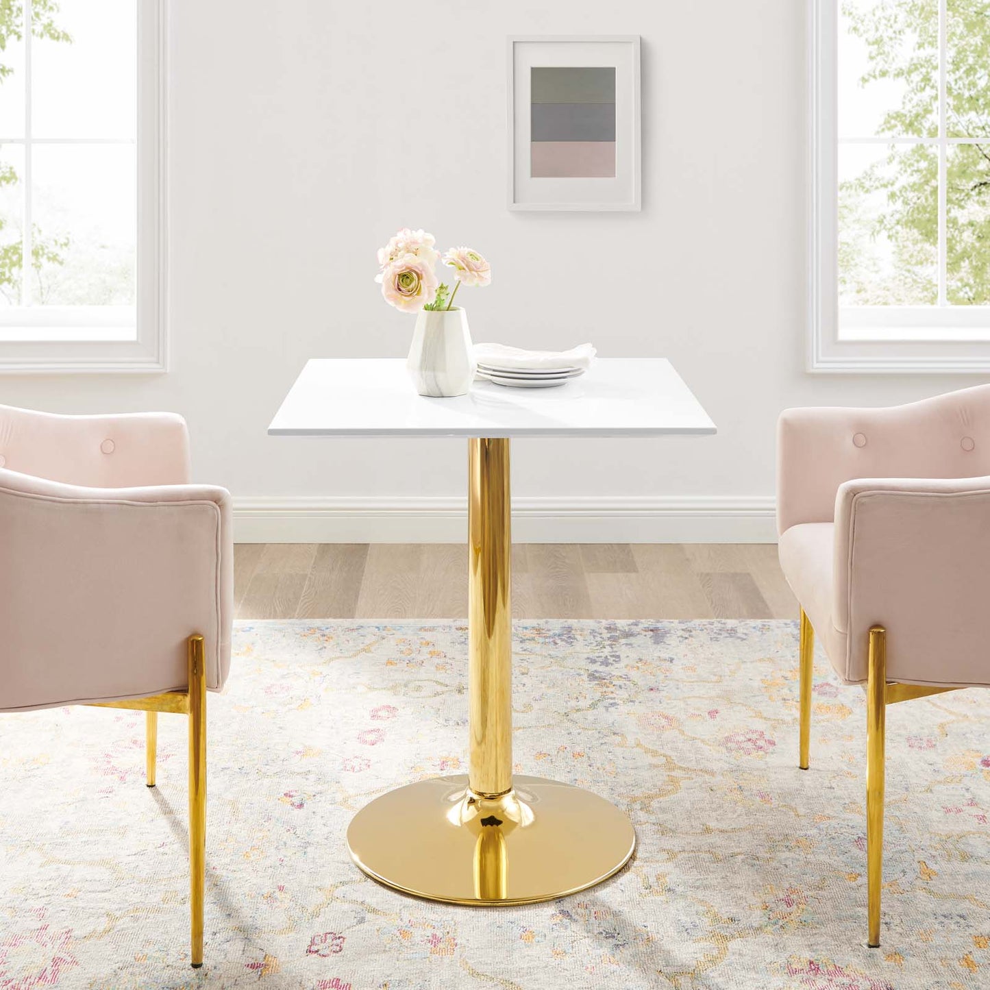 Verne 28" Square Dining Table in Gold White by Modway