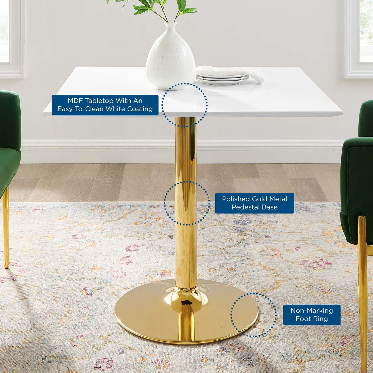 Verne 35" Square Dining Table in Gold White by Modway