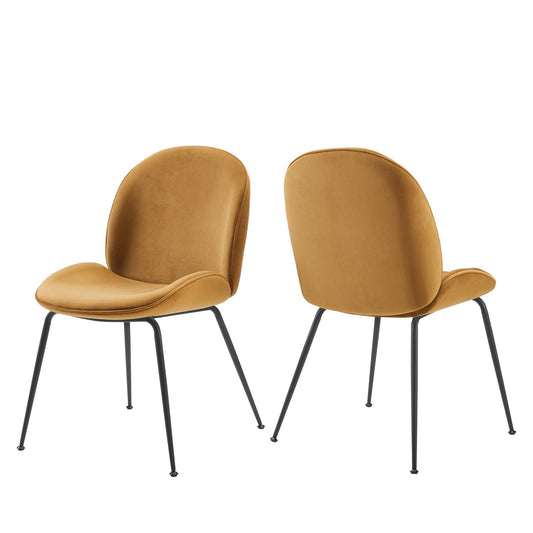 Scoop Black Powder Coated Steel Leg Performance Velvet Dining Chairs - Set of 2 Cognac | Polyester by Modway