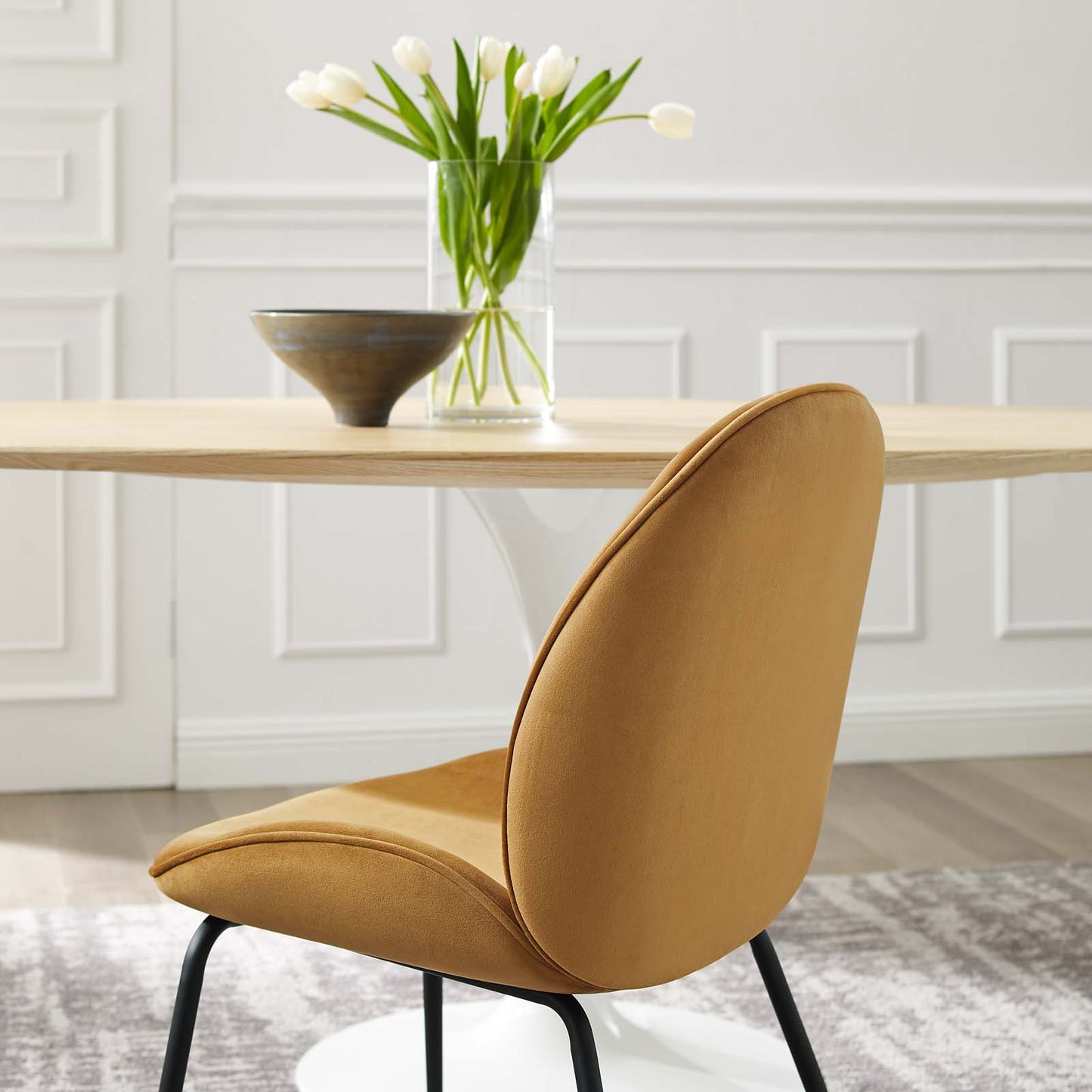 Scoop Black Powder Coated Steel Leg Performance Velvet Dining Chairs - Set of 2 Cognac | Polyester by Modway