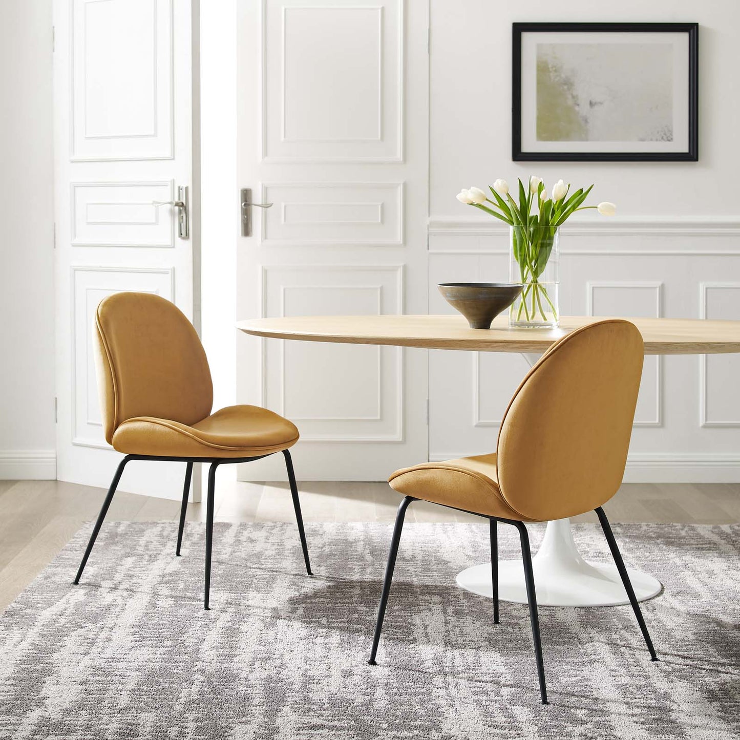 Scoop Black Powder Coated Steel Leg Performance Velvet Dining Chairs - Set of 2 Cognac | Polyester by Modway