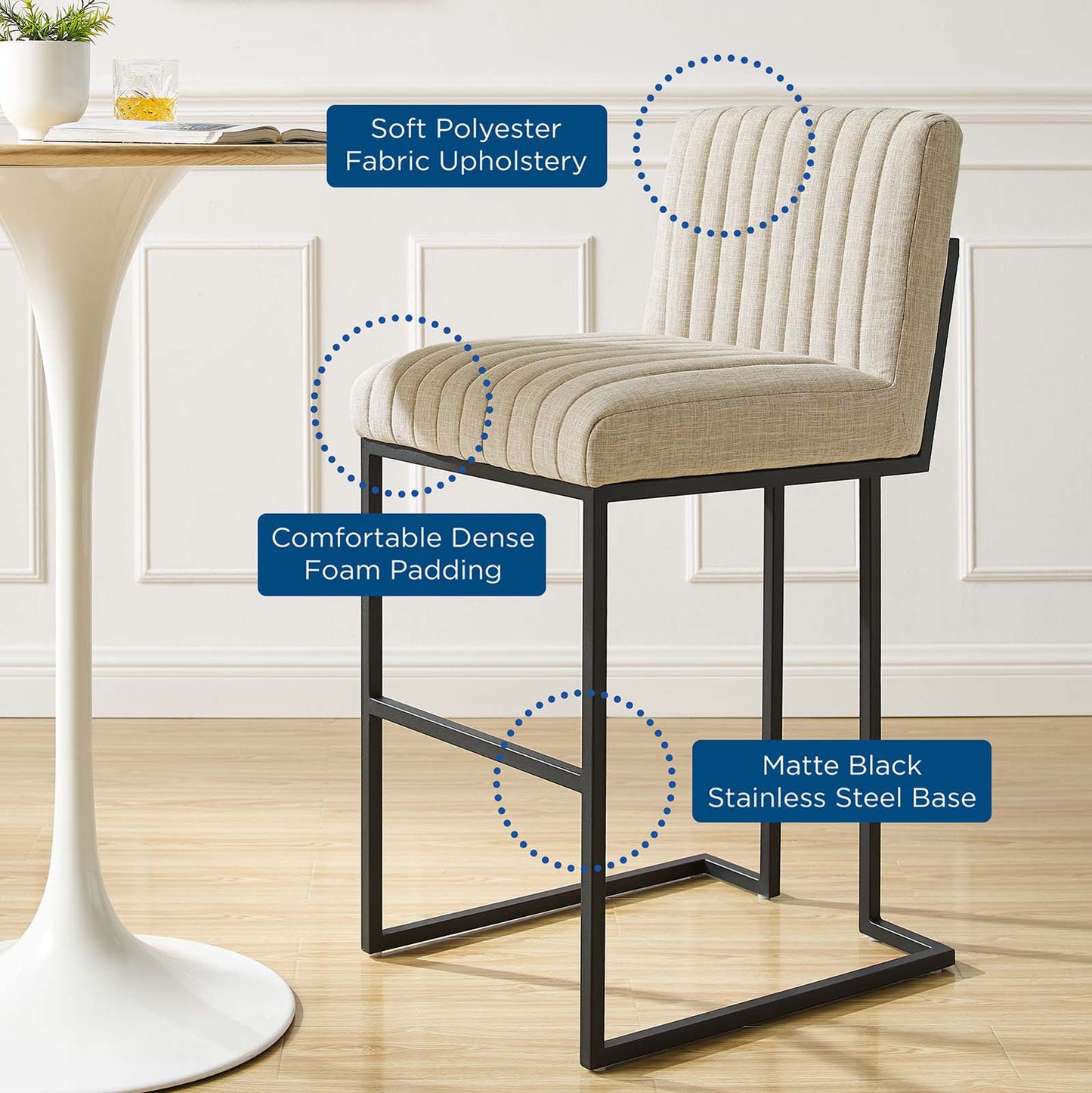 Indulge Channel Tufted Fabric Bar Stool Beige | Polyester by Modway