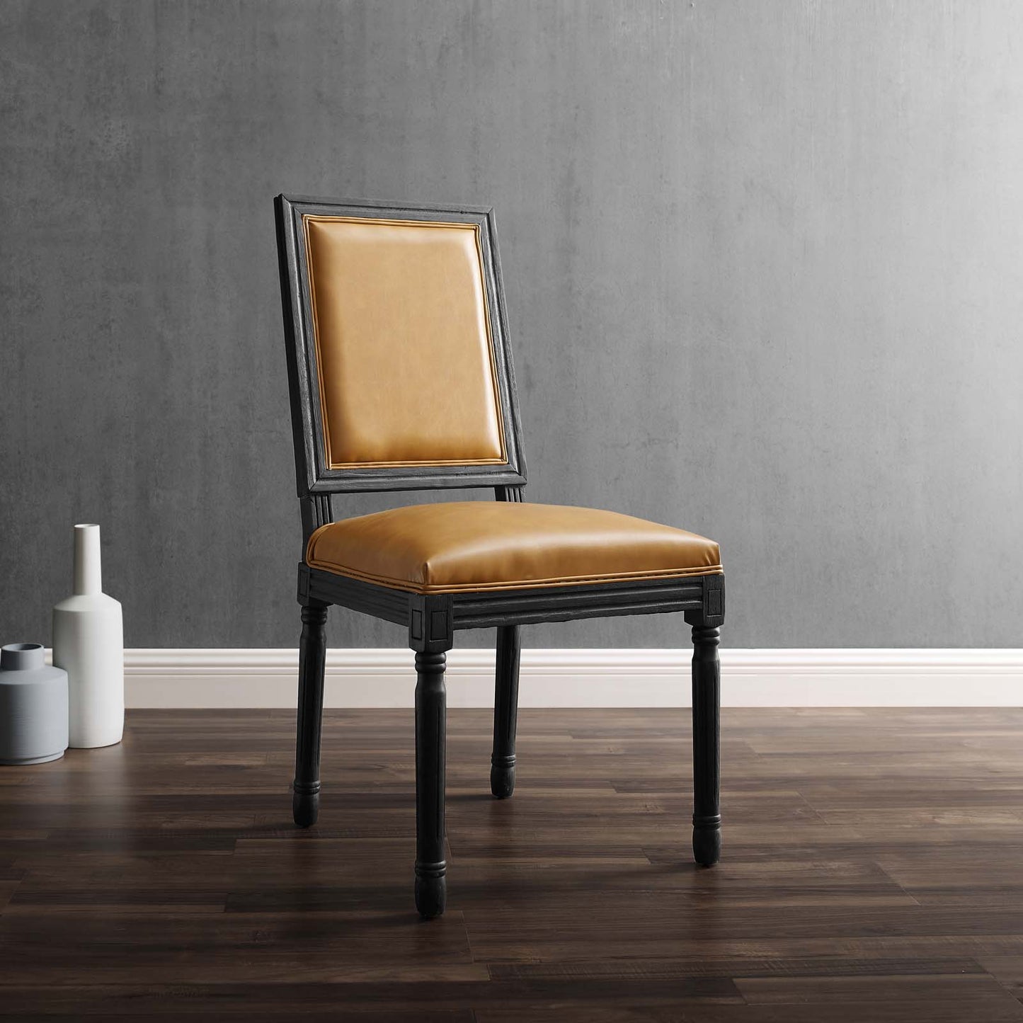 Court French Vintage Vegan Leather Dining Side Chair in Black Tan by Modway