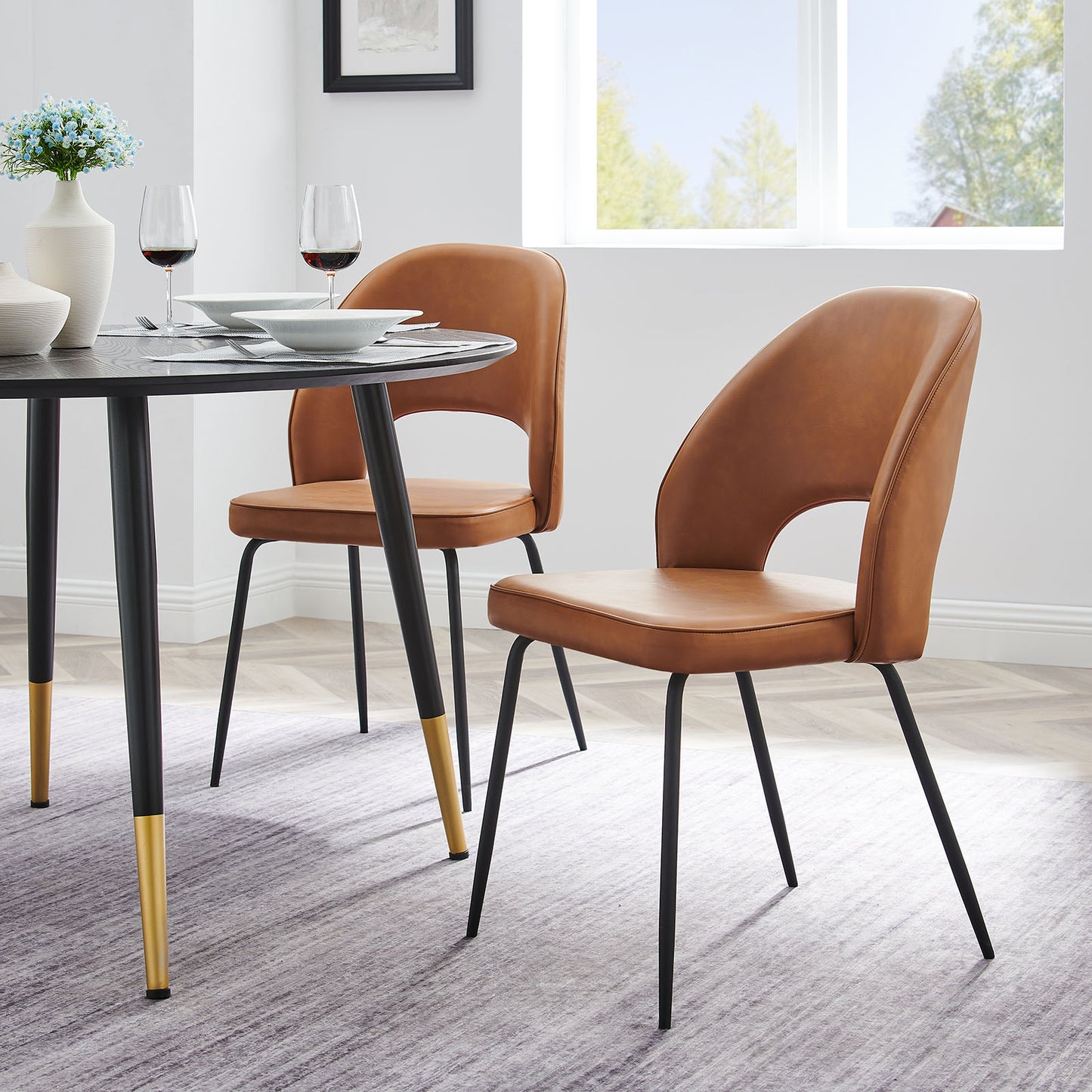 Nico Vegan Leather Dining Chair Set of 2 in Black Tan by Modway