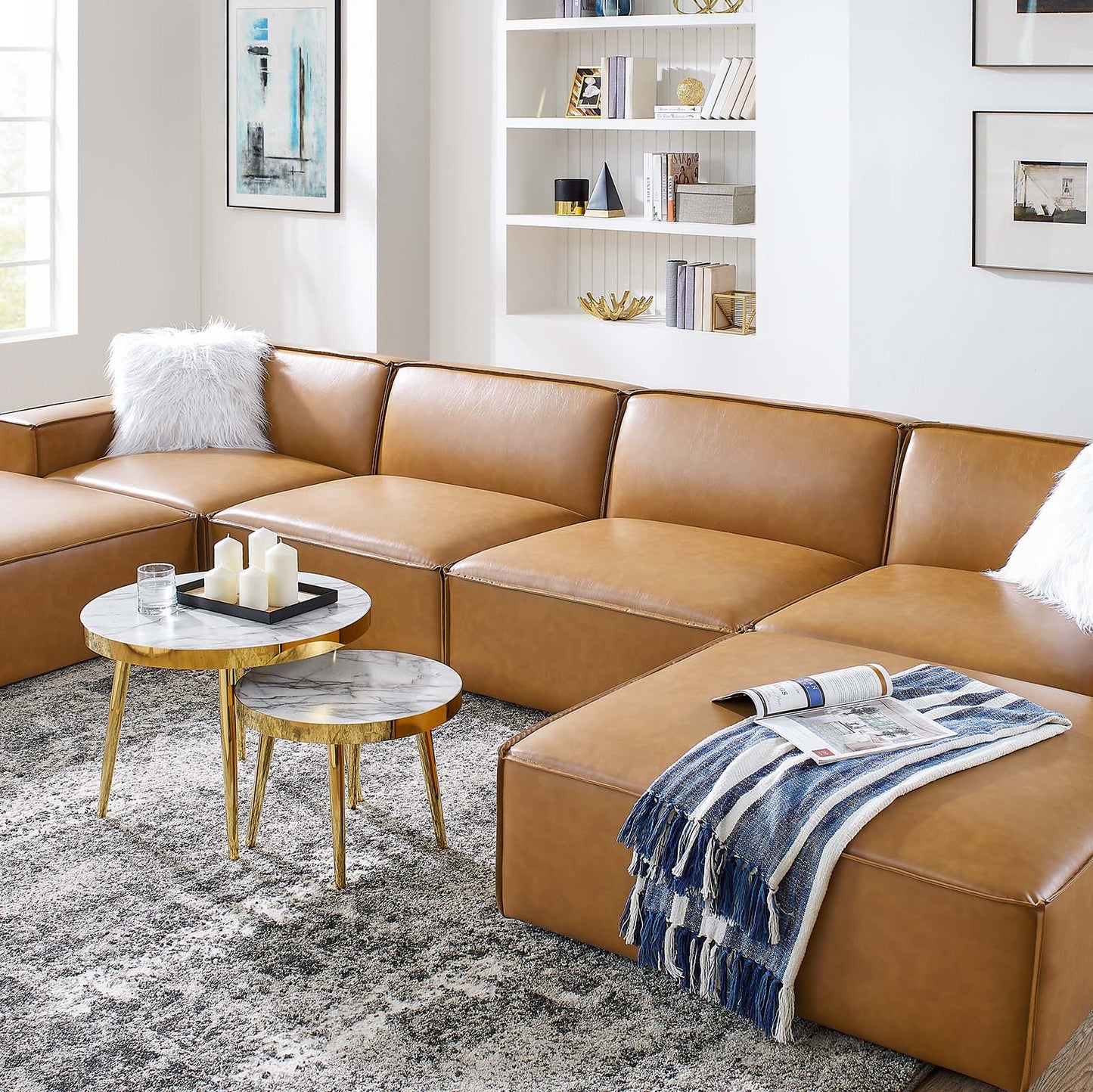 Restore 6 Pieces Vegan Leather Sectional Sofa in Tan by Modway