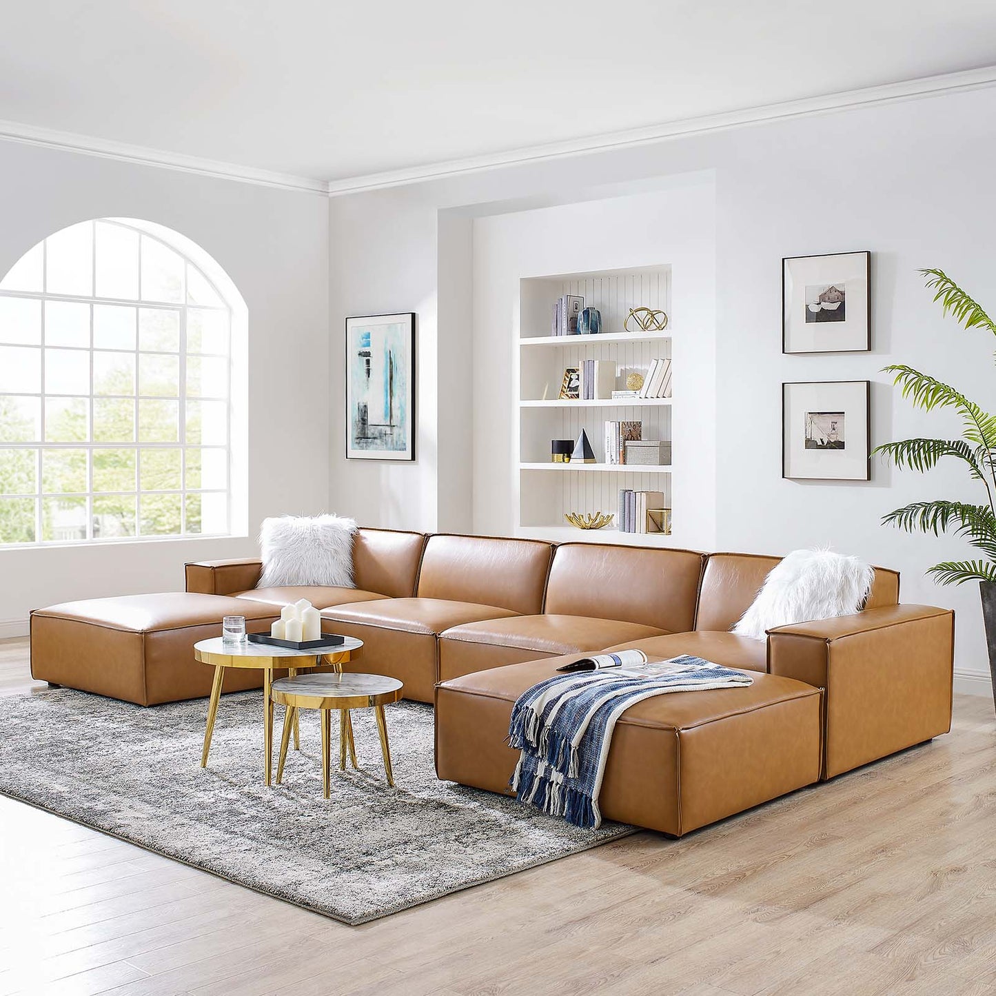 Restore 6 Pieces Vegan Leather Sectional Sofa in Tan by Modway